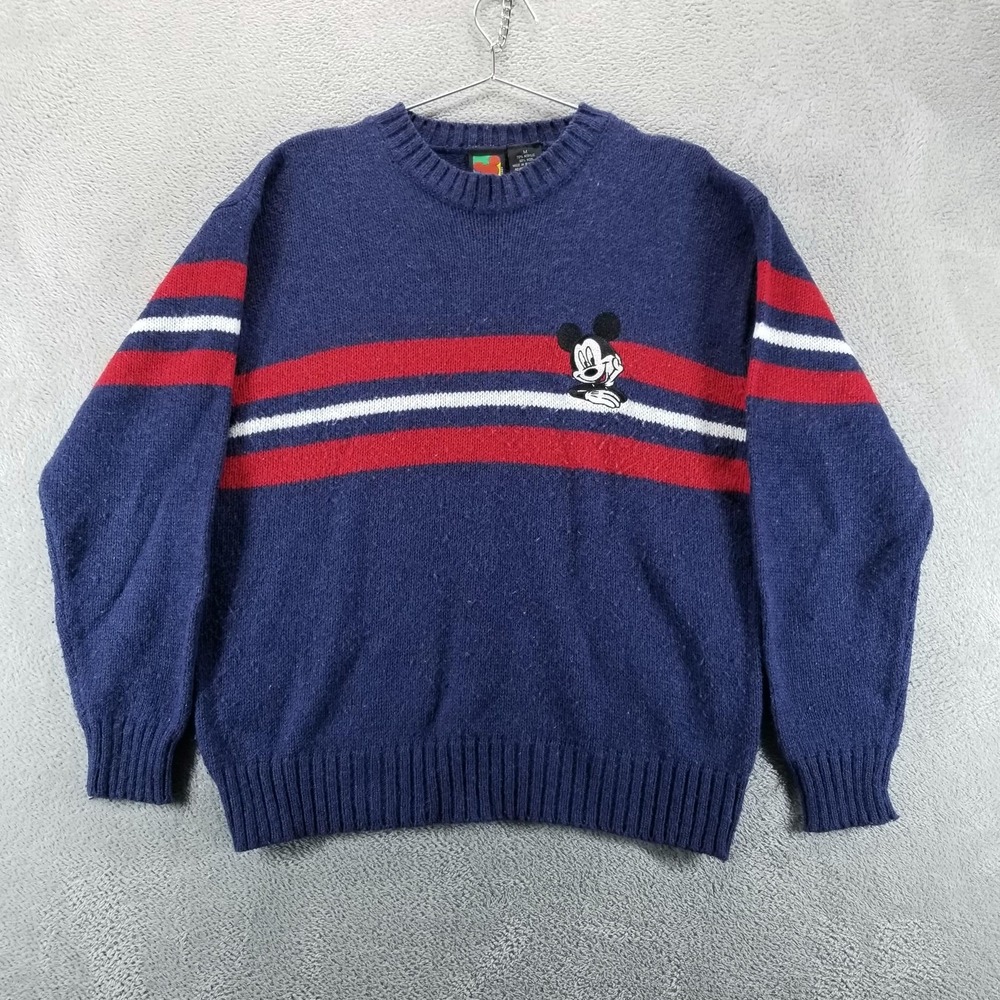 VTG Disney Sweater‎ Mens M Blue Striped Mickey Mouse Crewneck Y2K